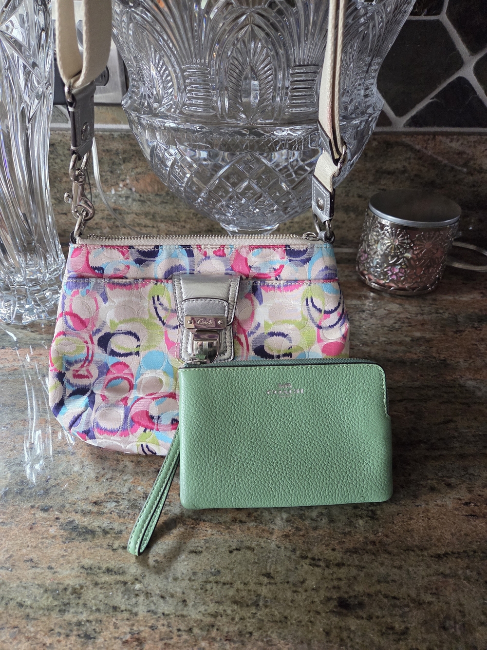 Coach Multicolor Signature Print Crossbody with Green Wristlet